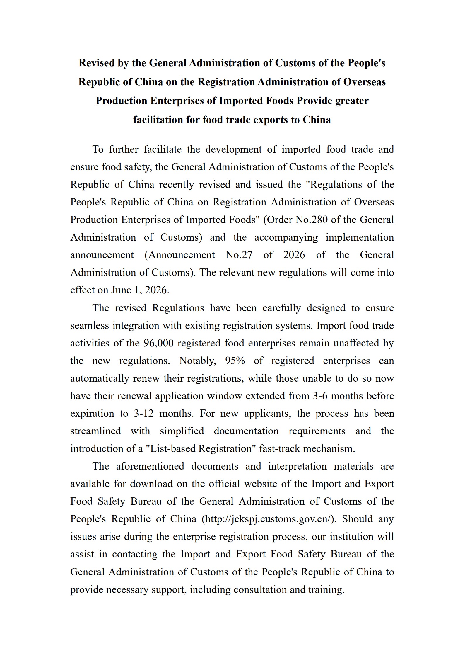 Çin Gümrükleri'nden Gıda Üreticileri için Yeni Duyuru